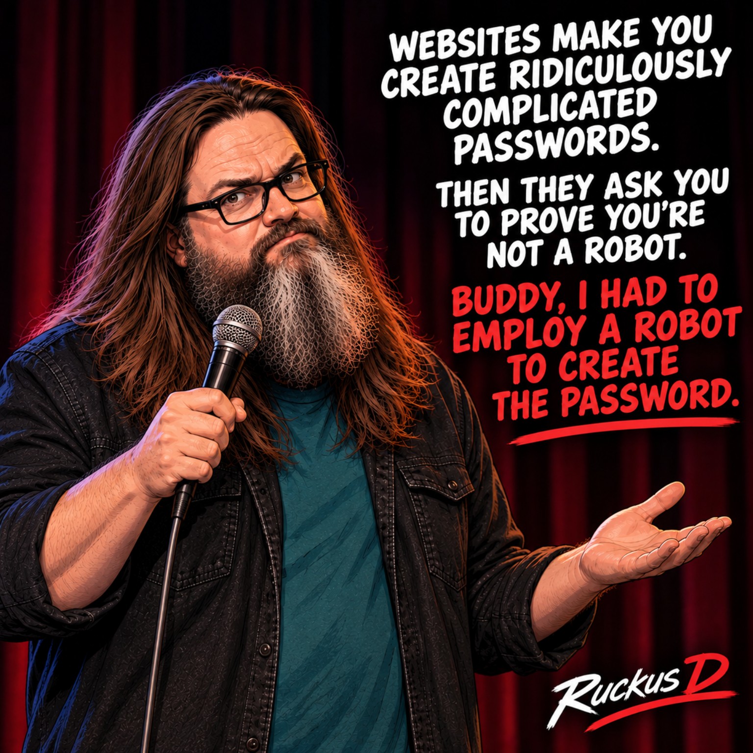 A joke about complicated passwords and proving you are not a robot